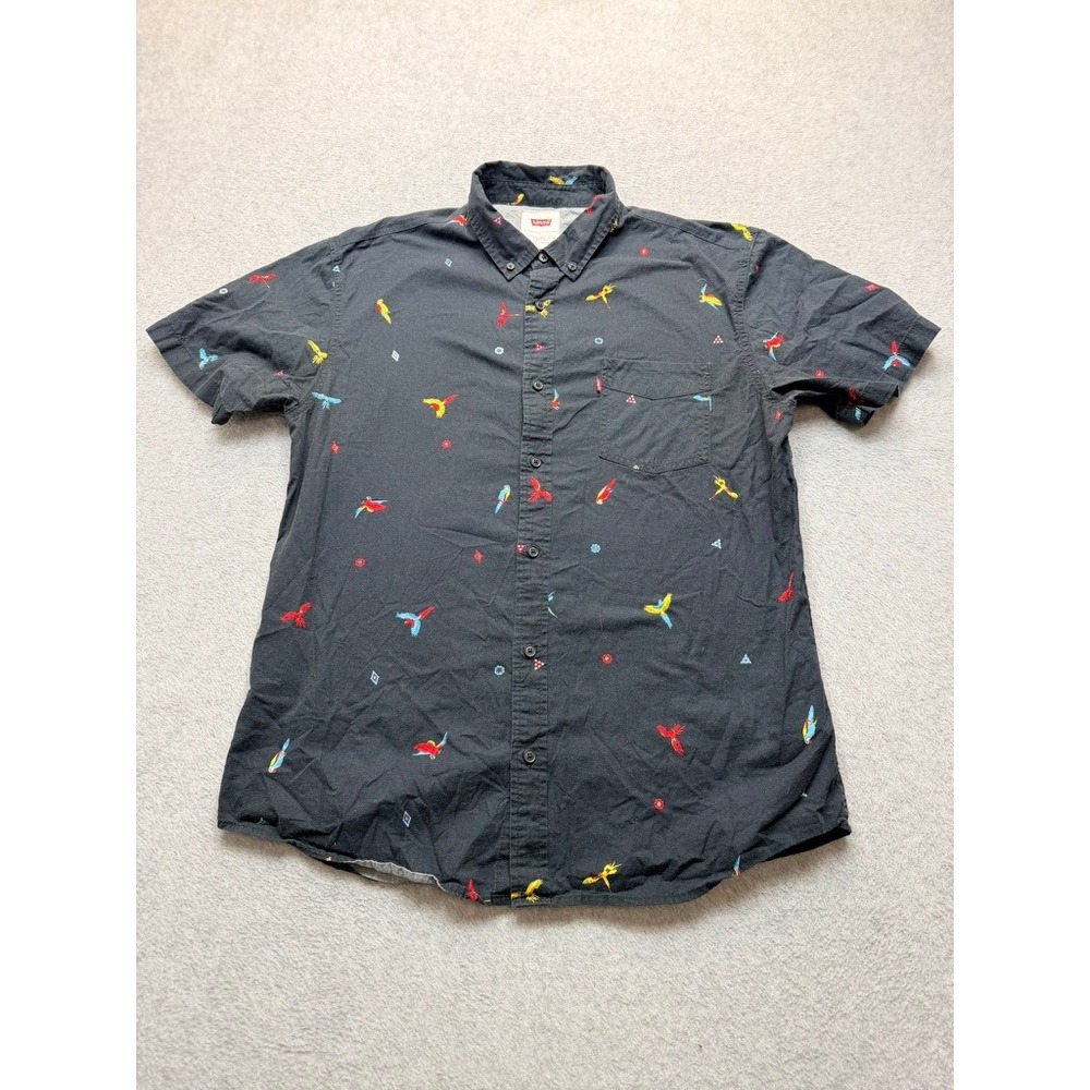 Levis Mens Short Sleeve Button Down Shirt Parrot Tropical Print Gray Size L